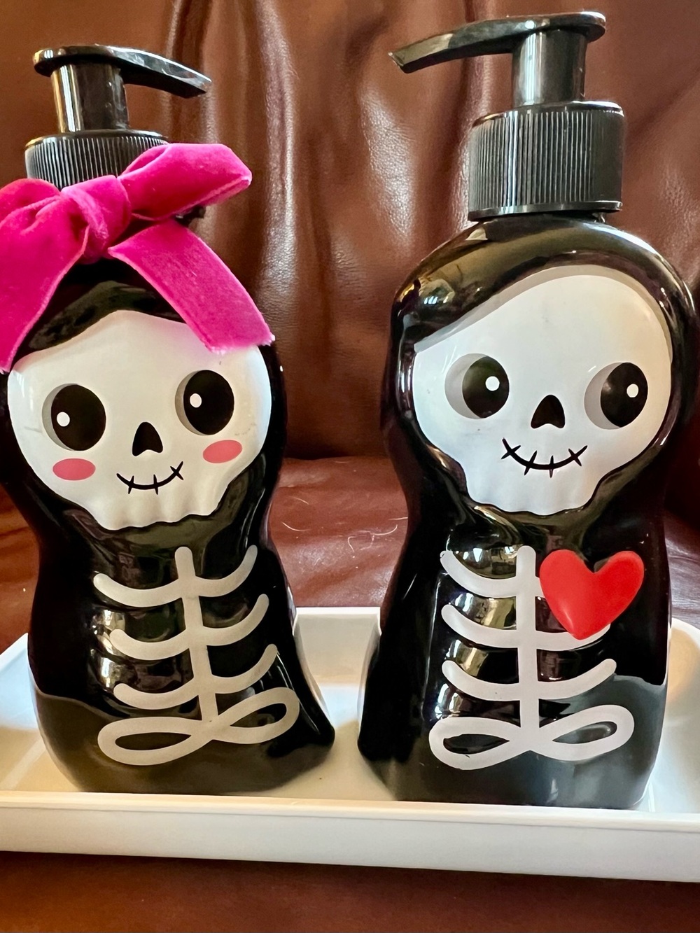 Black Skeleton Pump Soap Dispenser Set with Pink Accent
